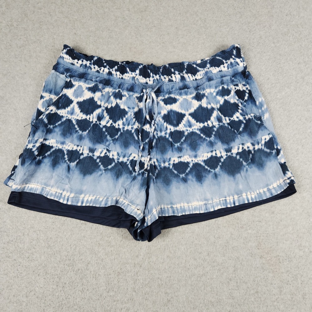 French Laundry Shorts Women L Blue Tie Dye Relaxed Fit Elastic Waist Casual Boho